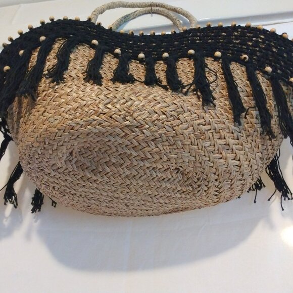 Handmade Braided Straw Basket Tote Boho Crochet Beaded Trim Drawstring Bag - Picture 4 of 10